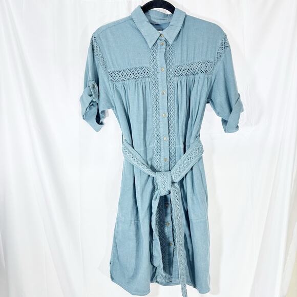 Anthropologie Women’s Rilke Lace Crochet Mini Shirtdress Denim Blue Small - Picture 3 of 10